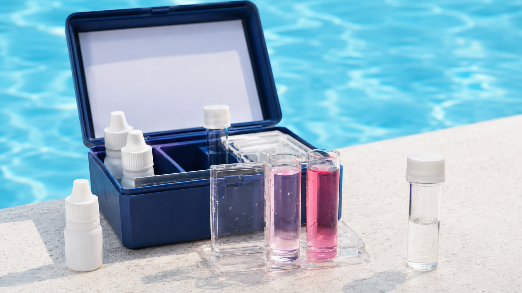 Instrumentos e reagentes para análise completa da água de piscina