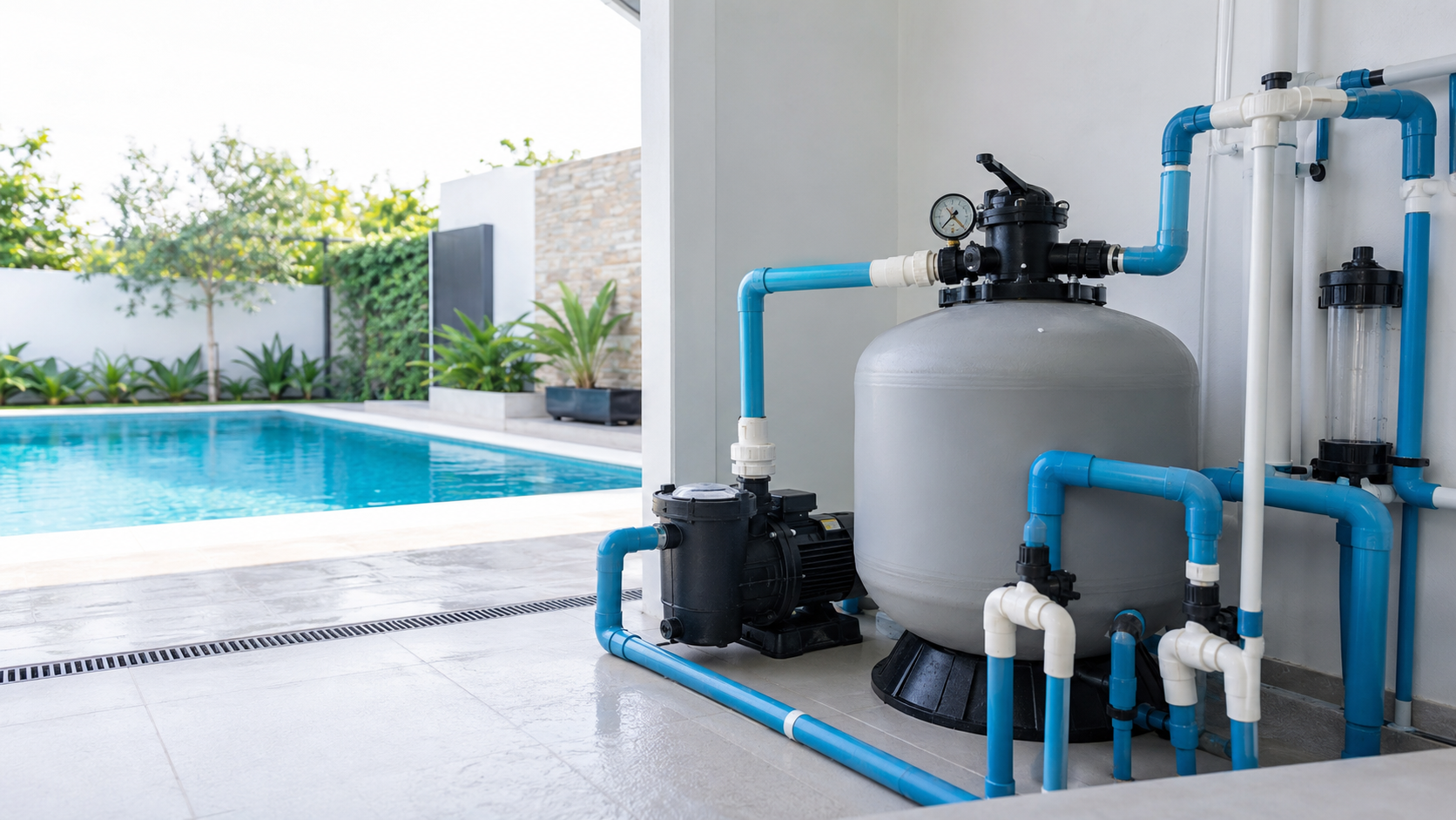 Filtro de areia e tubulações da casa de máquinas de uma piscina