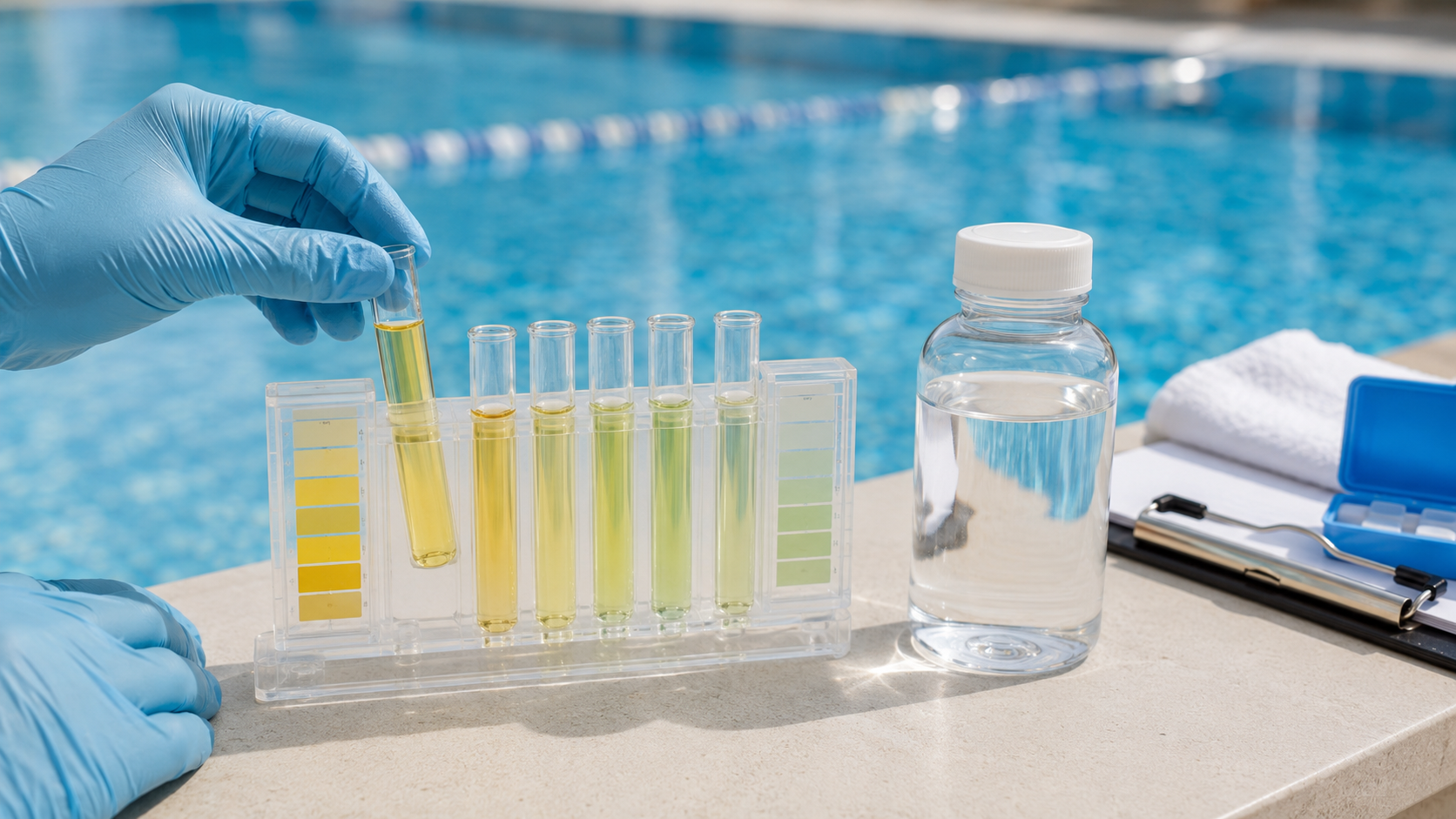 Comparador colorimétrico e amostras usadas para analisar nitrogênio amoniacal em água de piscina